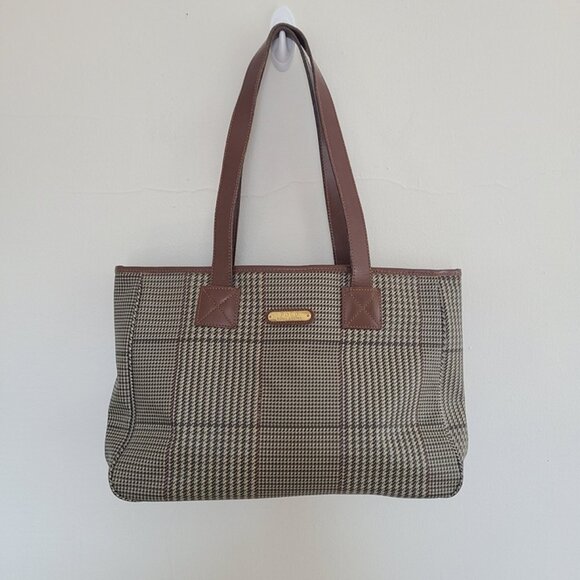 Vintage Polo Ralph Lauren Plaid Shoulder Tote Handbag Brown Tan - Picture 1 of 9